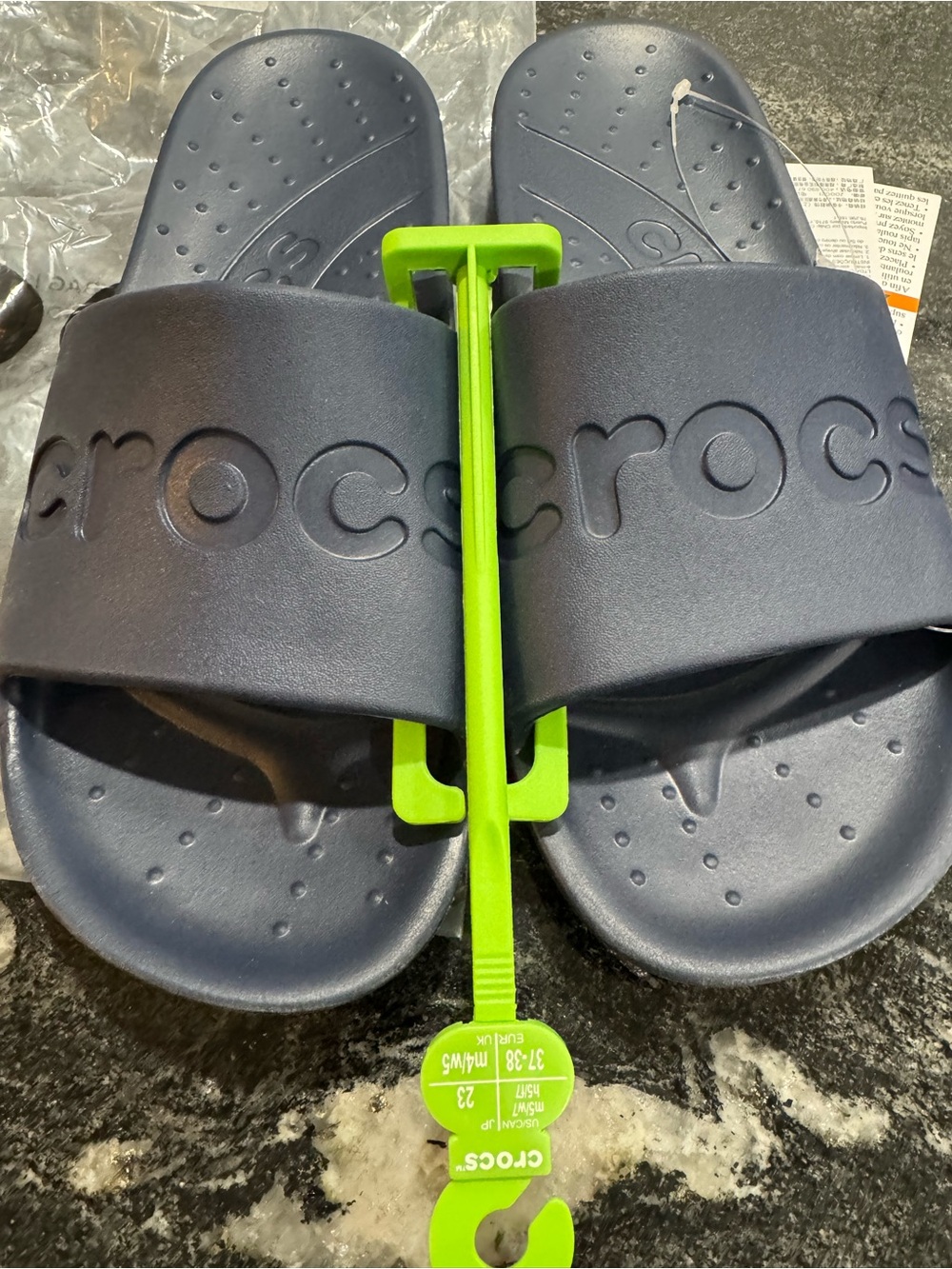 CROCS Navy Slide Sandals with Bright Green Hanger